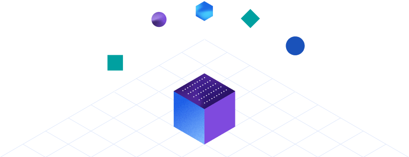 A gradient blue-to-purple cube with a dotted surface sits on a grid, surrounded by floating.