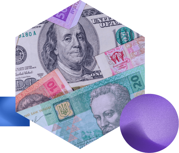 Image collage of shapes with different denominations of money masked within a hexagon.