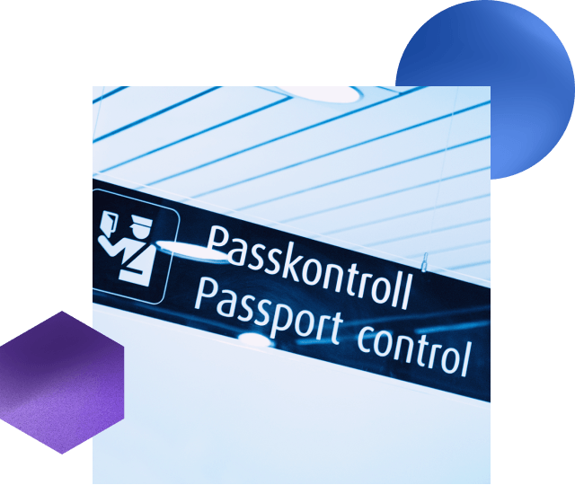 Abstract illustration with an image of a woman handing a passport to another person at border security checkpoint