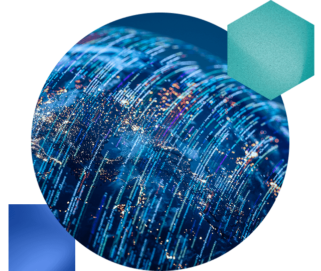 Photo illustration with a globe wrapped in data