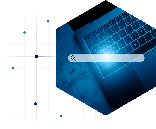 photo illustration of hands typing on keyboard with search bar overlayed