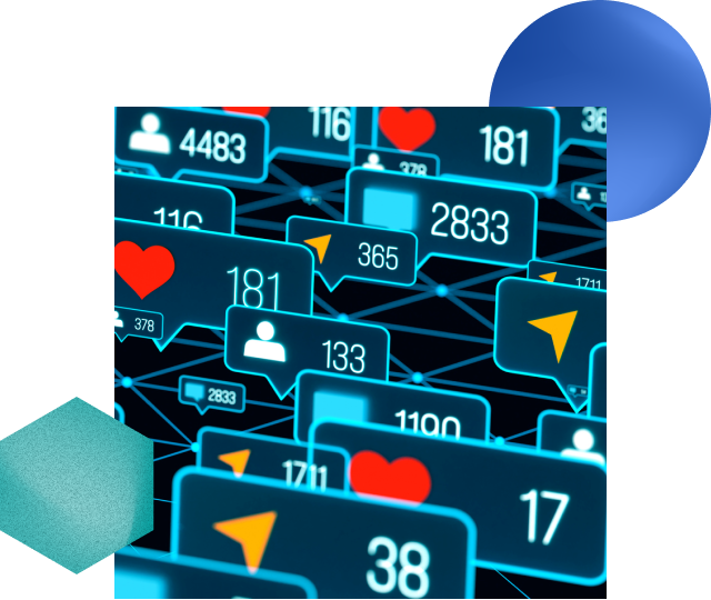 Photo illustration of social media bubbles with numbers of likes