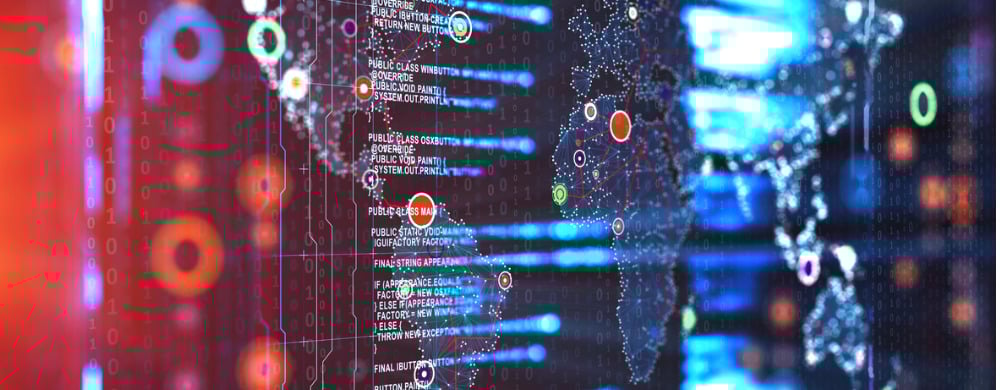 Digital interface displaying code and network data with red and blue glowing elements.