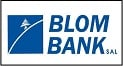 Blom Bank logo featuring a blue square with white text and a stylized lightning bolt design.