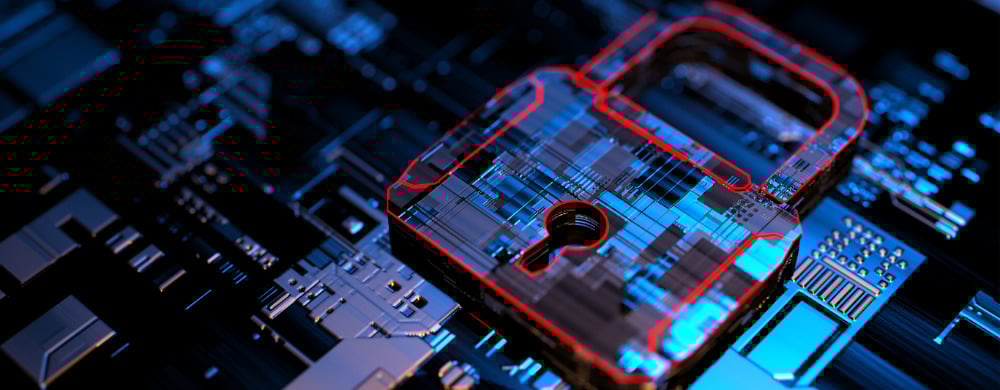 Red smartphone outline glowing on blue circuit board with digital components.