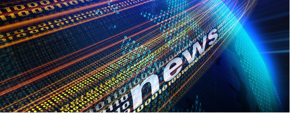 Digital data streams with glowing yellow and blue lights flowing across binary code patterns.