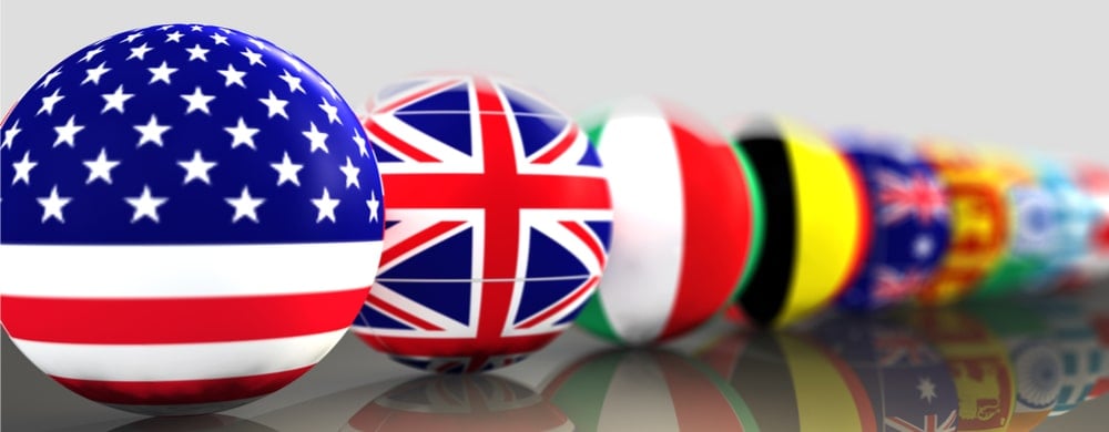 Spheres painted with flags of the United States, United Kingdom, France, Belgium, and other nations.