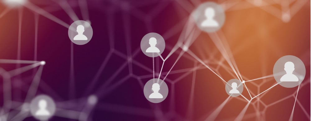 Network diagram showing interconnected user profile icons linked by lines on a gradient purple.